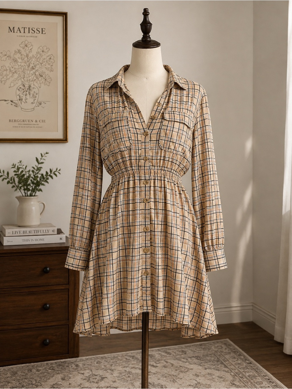 Blu Pepper Beige and Black Plaid Dress